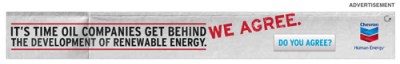 Advertising slogan: "It's time oil companies get behind the development of renewable energy"