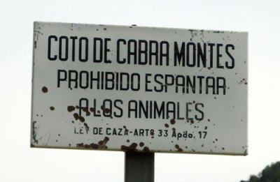 caza Signpost: coto de cabra montés: prohibido espantar a los animales. Ley de Caza Art. 33, Apd. 17