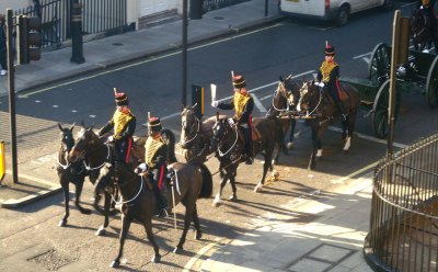 guards and horses in ceremonial uniforms, london