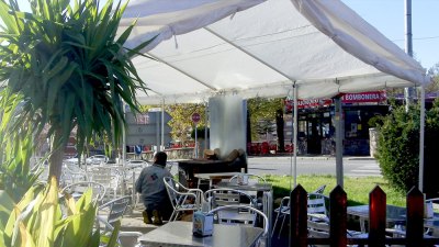 smokers' tent with log stove