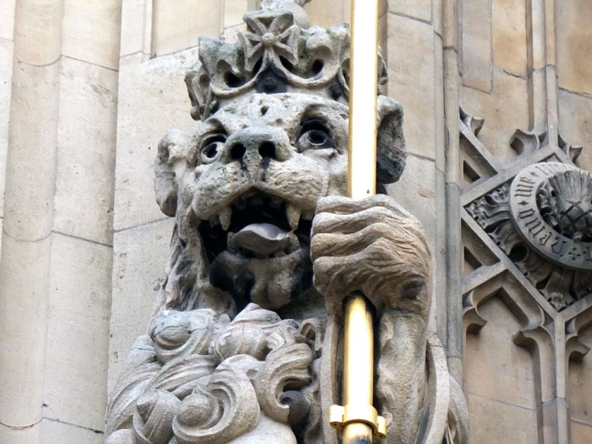 Detail, lion, Sovereign's Entrance, Houses of Parliament