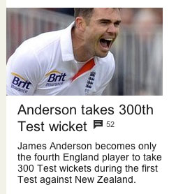 "James Anderson becomes only the fourth England player to take 300 Test wickets during the first Test against New Zealand."