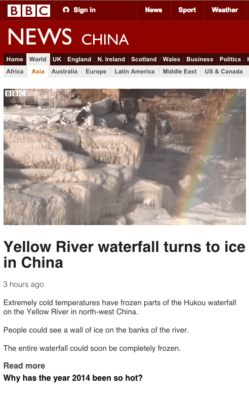 BBC News story Yellow River waterfall turns to ice in China