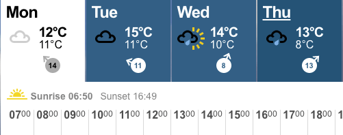 Sunrise and sunset times from BBC weather page