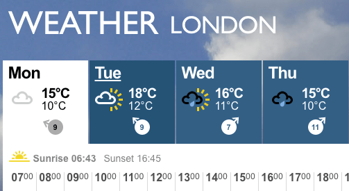 London sunrise and sunset times from BBC weather page