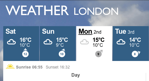 London sunrise and sunset times from BBC weather page