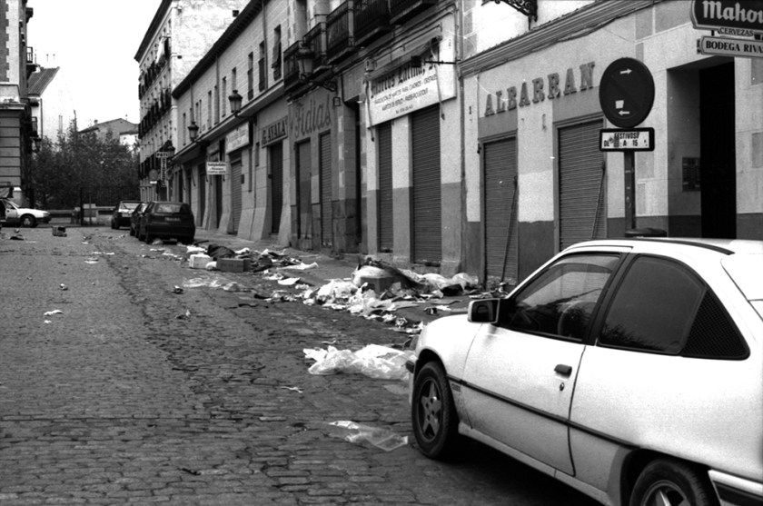 rubbish strewn street. 
