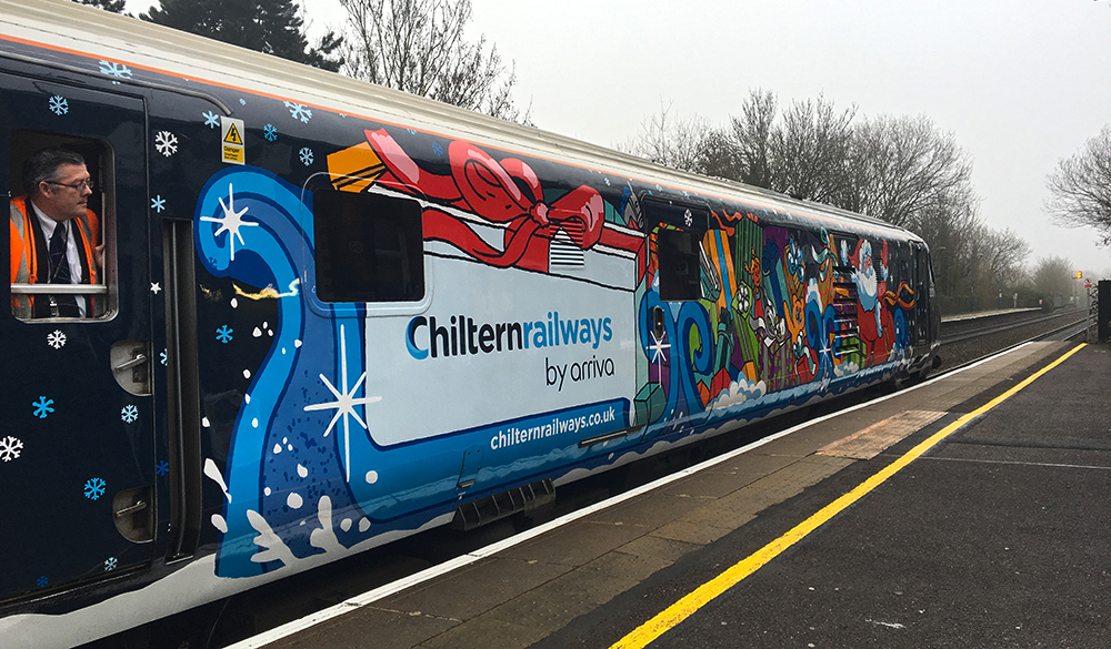 Chiltern Railways graffiti-syle Xmas decorated train carriage.