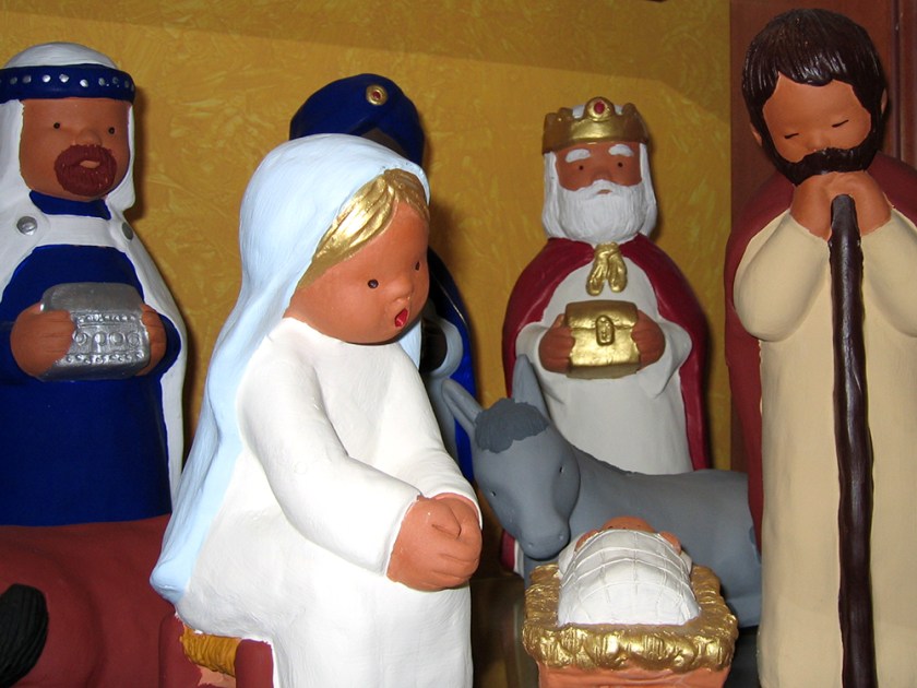 nativity scene figures: Mary, Joseph, Baby Jesus