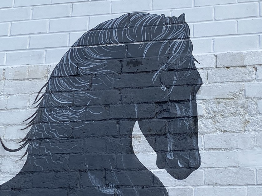 black horse painted on white brick wall